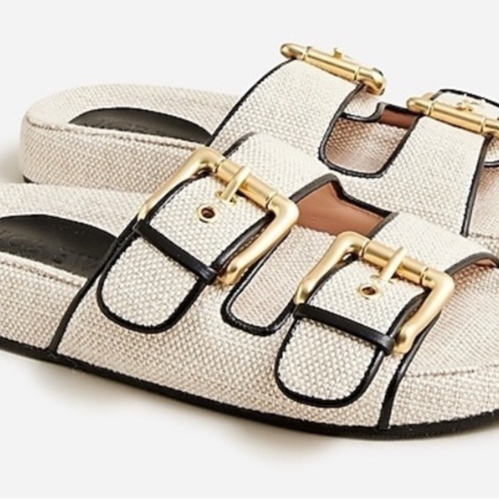 J. Crew Cream / Gold / Black Canvas Two Strap Sandals